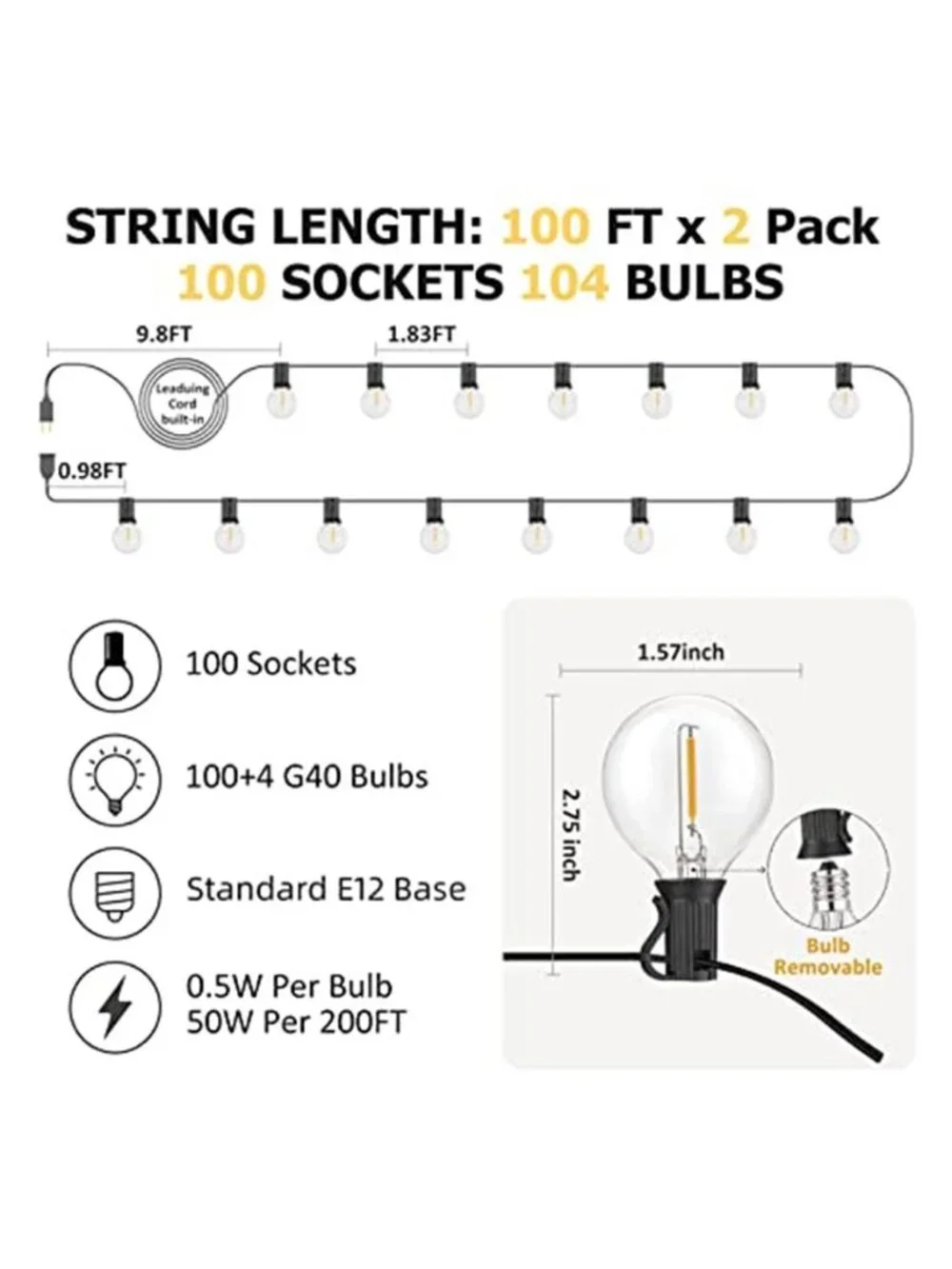 200FT Outdoor String Lights G40 Globe Patio Lights Waterproof Outdoor Bistro